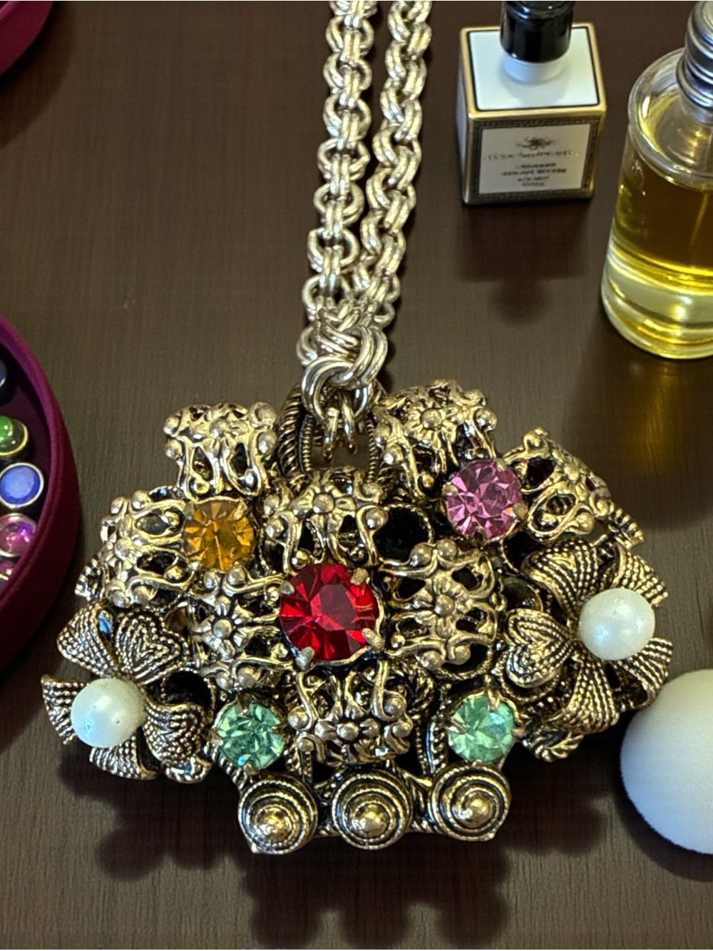 Vintage Czech Rhinestone Floral Basket Pendant with 30” Chain - Picture 6 of 11